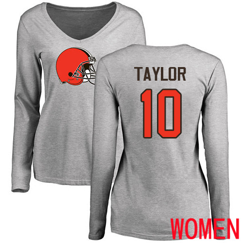 Cleveland Browns Taywan Taylor Women Ash Jersey #10 NFL Football Name and Number Logo Long Sleeve T Shirt->women nfl jersey->Women Jersey